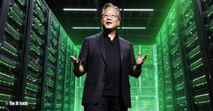 Nvidia Announces Record Performance - Jensen Huang presenting in front of a glowing supercomputer - Image Credit Stable Diffusion - The AI Track