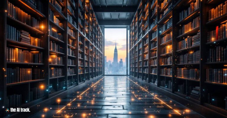 A digital library with books morphing into streams of data - 1 Million Books Initiative Democratizes AI Training -Photo Credits - Flux-Freepik-The AI Track