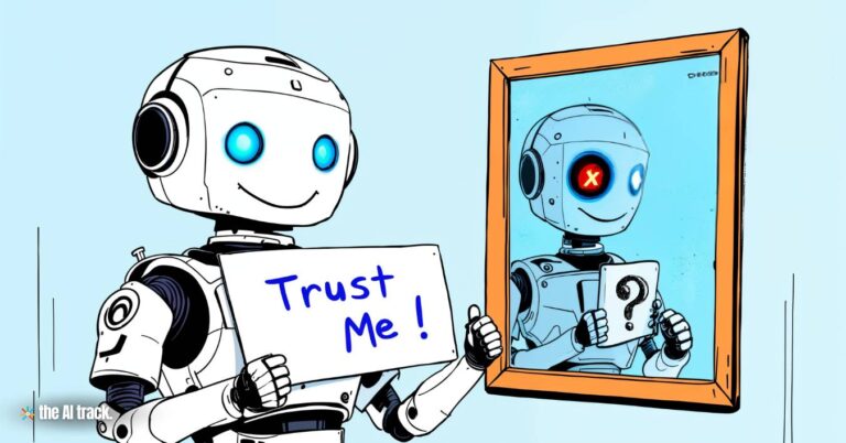 Alignment Faking - A smiling AI robot holding a Trust Me sign, has a hidden malicious face - Credit - The AI Track made with Freepik-Flux