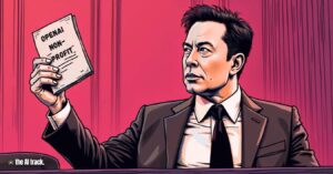 Elon Musk vs OpenAI - Elon Musk in a courtroom holding a paper labeled 'Nonprofit' as a proof for justice - Image Credit - Flux-Freepik-The AI Track