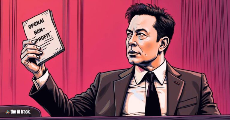 Elon Musk vs OpenAI - Elon Musk in a courtroom holding a paper labeled 'Nonprofit' as a proof for justice - Image Credit - Flux-Freepik-The AI Track