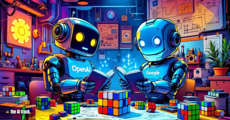 Google Challenges OpenAI with Gemini 2.0 Flash Thinking - Two robots one holding a book and the other solving a Rubik’s cube - Credit - The AI Track made with Freepik-Flux