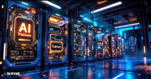 Amazon and Anthropic Collaborate on World's Largest AI Supercomputer - High-tech server room with glowing AI chips labeled Trainium - Image Credit Flux-Freepik-The AI Track