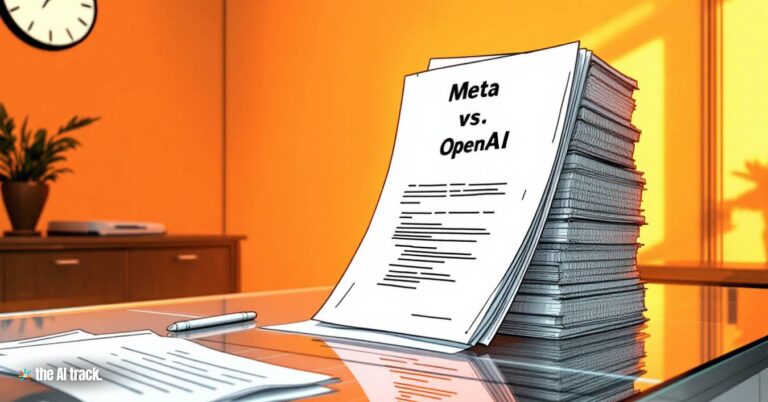 Meta Backs Musk in Legal Battle Against OpenAI - A stack of legal documents labeled Meta vs. OpenAI - Image Credits - Flux-Freepik-The AI Track