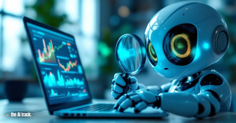 OpenAI Makes ChatGPT Search Tool Free for All - A cute robot holding a magnifying glass peering closely at a laptop's screen - Image Credits - Flux-Freepik-The AI Track