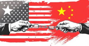 China Bans Rare Mineral Exports to the US - Two hands pulling a string of gallium and germanium symbols, set against the US and China map - Image Credit Flux-The AI Track