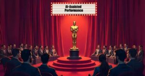 An awards show podium with a trophy labeled AI-Assisted Performance - Credit - The AI Track made with Freepik-Flux