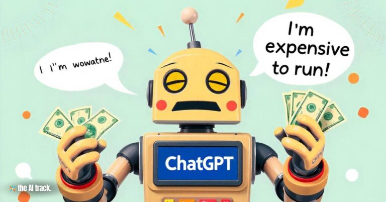 ChatGPT Pro Subscription makes losses - ChatGPT robot sweating while holding dollar bills saying I’m expensive to run - Credit - The AI Track made with Freepik-Flux