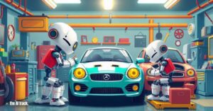 Qualcomm and Amazon Announce Automotive AI Collaboration - A car garage where robots are working on cars - Image generated by Flux for The AI Track