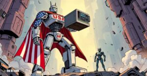 Stargate Initiative - An AI robot wearing a superhero cape labeled USA lifting a data center labeled Stargate - Credit - Freepik-Flux-The AI Track