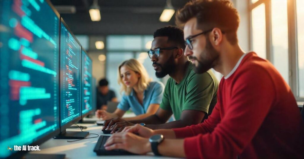 Developers collaborating on a transparent codebase - Credit - The AI Track made with AI