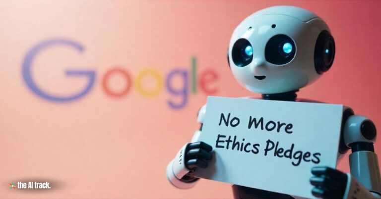 Google Removes AI Weapons Ban - A Google robot holding a sign that says No More Ethics Pledges - Credit - The AI Track made with Flux-Freepik