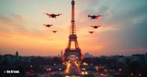 Macron Announces AI Investment Package of $112B - The Eiffel Tower with AI-powered drones flying around it - Credit - The AI Track, Freepik-Flux