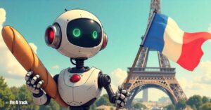 Mistral AI Launches Le Chat on iOS and Android -Robot holding a French baguette and the flag of France - Credit - The AI Track made with Flux-Freepik