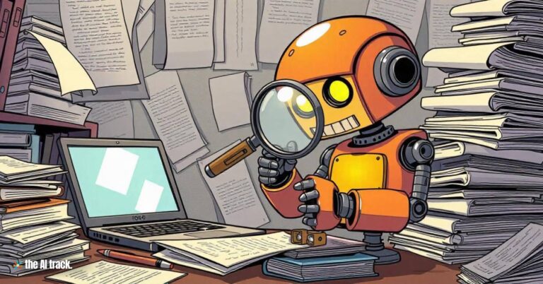 OpenAI launches Deep Research - A robot holding a magnifying glass searching through stacks of papers - Credit - The AI Track made with Flux-Freepik