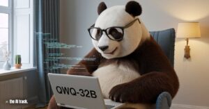 A giant panda wearing glasses, coding on a laptop labeled QwQ-32B - Credit - Ideogram, The AI Track