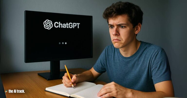 Student with a confused look, facing a frozen ChatGPT screen (ChatGPT suffers 10‑hour global outage) - Credit - ChatGPT, The AI Track