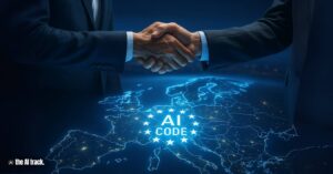 Businessmen Sealing Deal Over EU AI Code as Enforcement Begins - Credit - ChatGPT, The AI Track