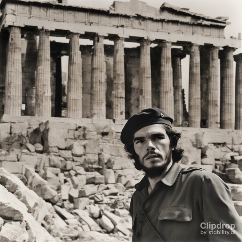 CLIPDROP - Best Image Generator Crash Test - Photo of Che Guevara visiting Acropolis, Athens Greece