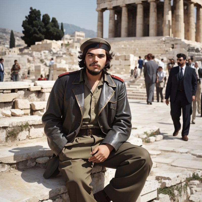 LEONARDO AI - Best Image Generator Crash Test - Photo of Che Guevara visiting Acropolis, Athens Greece
