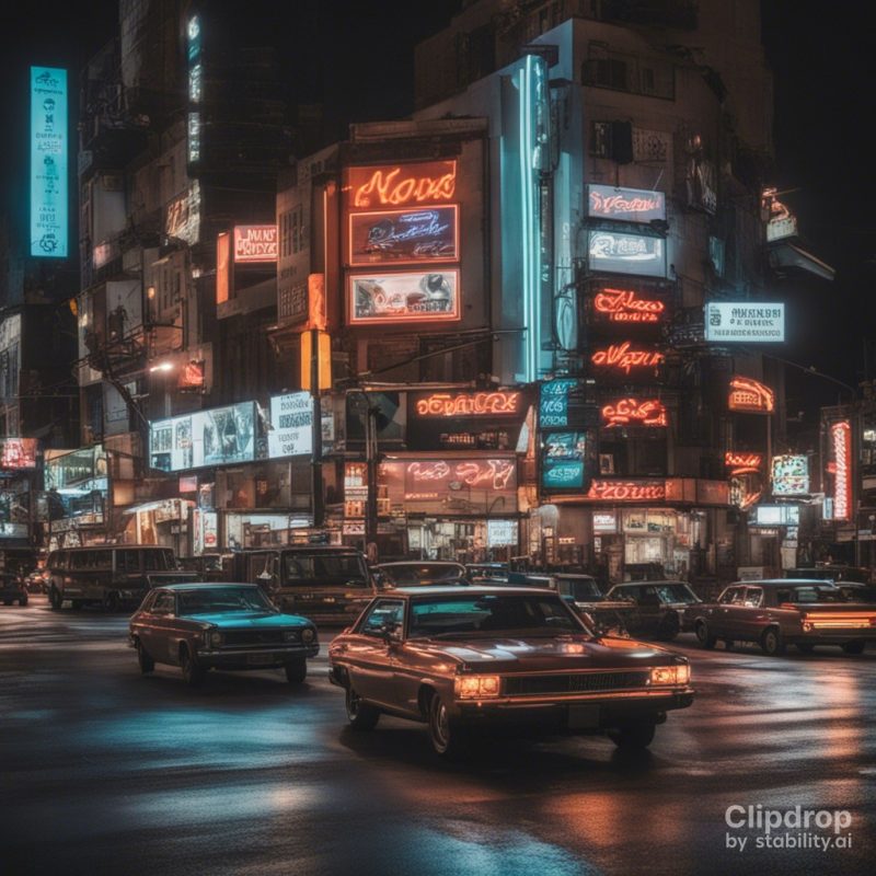 CLIPDROP - Best Image Generator Crash Test - Photo of a busy city intersection at night with neon signs and many cars